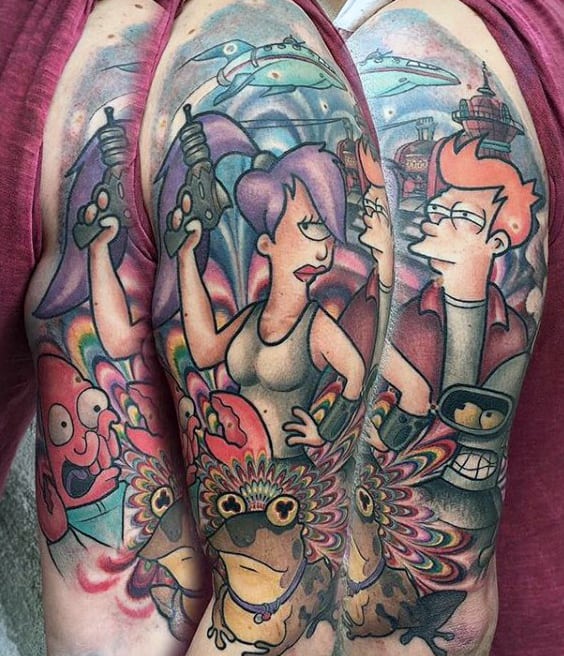 Mens Futurama Themed Half Sleeve Tattoo