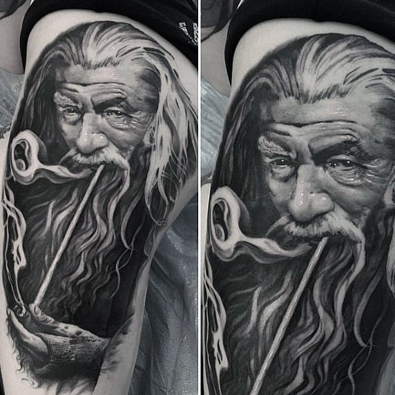 Mens Gandalf With Pipe Lord Of The Rings Thigh Tattoo