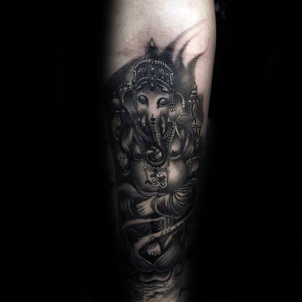 Mens Ganesh Religious Black And Grey Shaded Ink Inner Forearm Tattoos