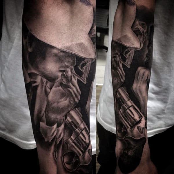 Mens Gangster And Revolver Forearm Sleeve Tattoo Ideas