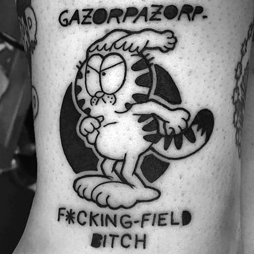 Bold black and white Garfield parody tattoo with edgy text and a tough expression—perfect for a unique and rebellious design.