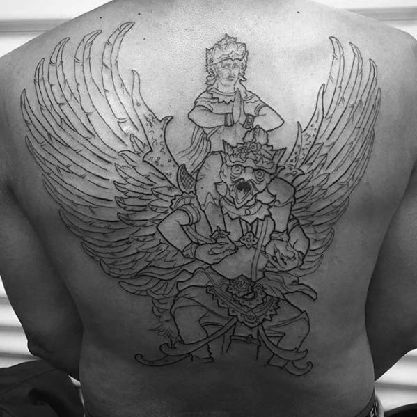 Garuda outline tattoo on the back showing a winged deity carrying a divine figure, with detailed linework and mythological elements.