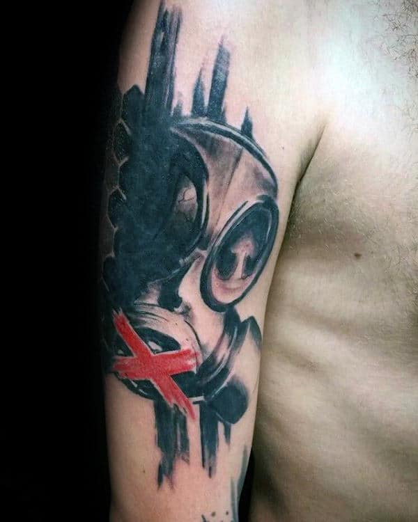 Mens Gas Mask Trash Polka Arm Tattoos
