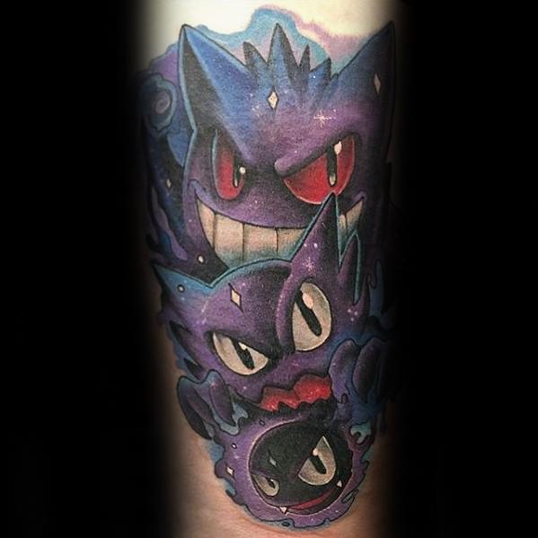 Cosmic-style tattoo of Gengar, Haunter, and Gastly stacked in evolution order, surrounded by stars and deep purple-blue galaxy effects.