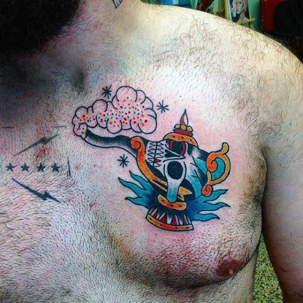 Mens Genie Lamp Skull Traditional Chest Tattoo