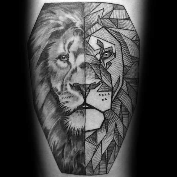 Half-realistic, half-geometric lion tattoo within a bold frame, showcasing symmetry and contrast between lifelike detail and angular design.