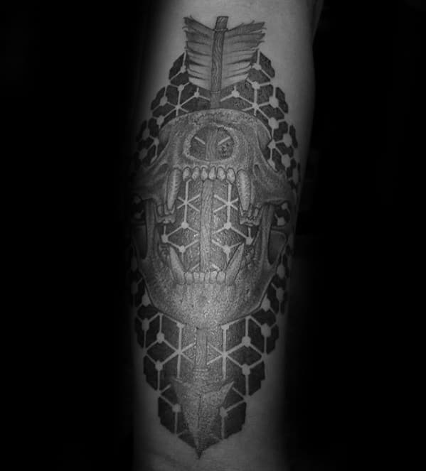 Mens Geometric Bear Skull With Arrow Tattoo On Forearm