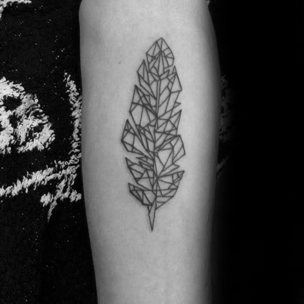 Mens Geometric Feather Small Black Ink Outline Tattoo Design Inspiration