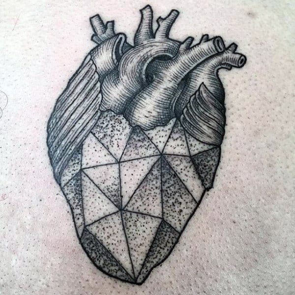 Mens Geometric Heart Shaded Dotwork Chest Tattoo