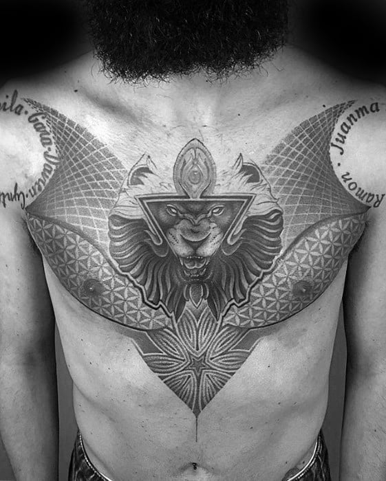 Mens Geometric Lion Head Triangle Chest Tattoo Ideas