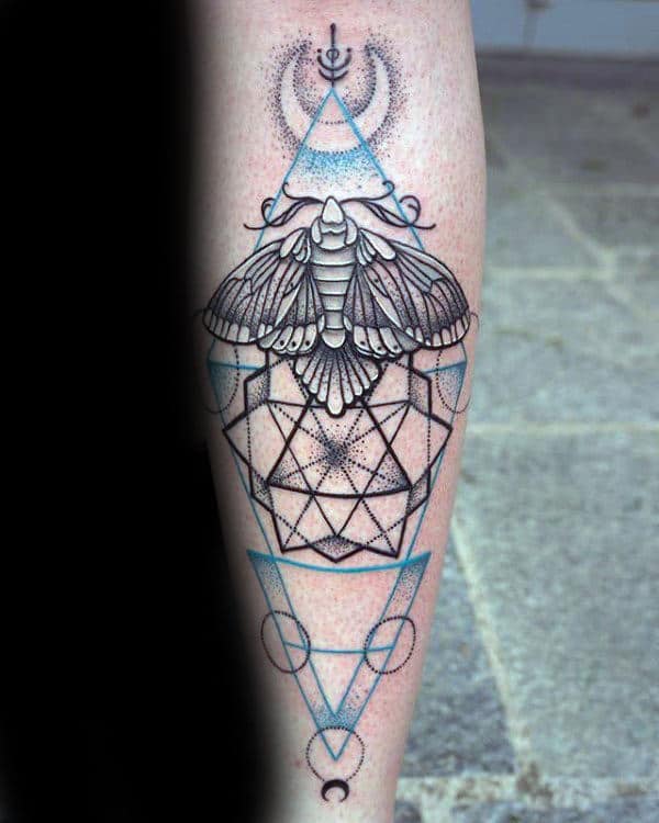 Mens Geometric Moth Forearm Tattoo Ideas With Blue And Black Ink Design