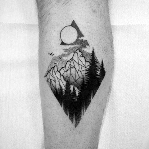 Mens Geometric Mountain Treeline Tattoo Ideas On Leg Calf