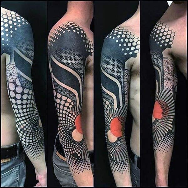 Mens Geometric Negative Space Full Sleeve Circle Tattoo