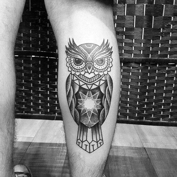 Mens Geometric Owl Star Back Of Leg Tattoo Ideas
