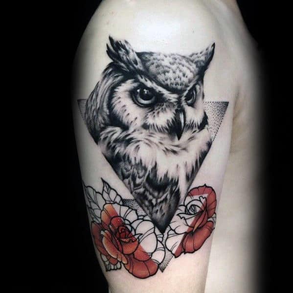 Mens Geometric Owl With Rose Flowers Tattoo Design