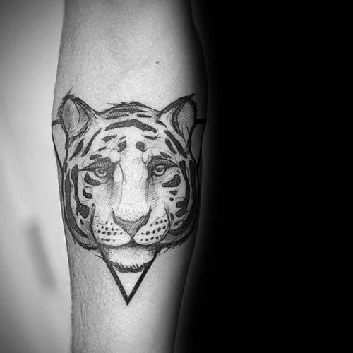 Forearm tiger tattoo with realistic detailing, framed by a simple inverted triangle for a clean and balanced modern design.
