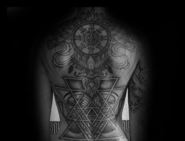 Mens Geometrical Dharmachakra Full Back Tattoo Ideas