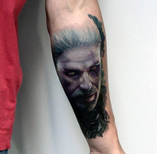 Geralt tattoo in hyper-realistic style with piercing yellow eyes, silver hair, and a shadowed face, creating a dark and intense expression.