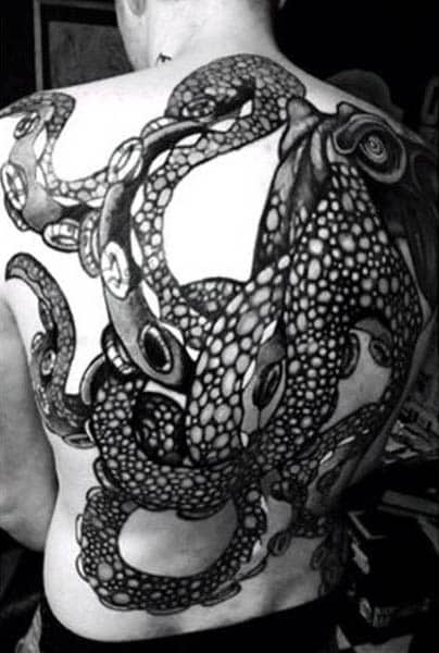 Mens Giant Squid Tattoos On Back In Black Ink