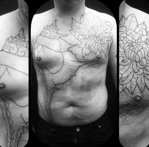 Mens Giant Upper Chest Seashell Tattoos Black Ink Outline