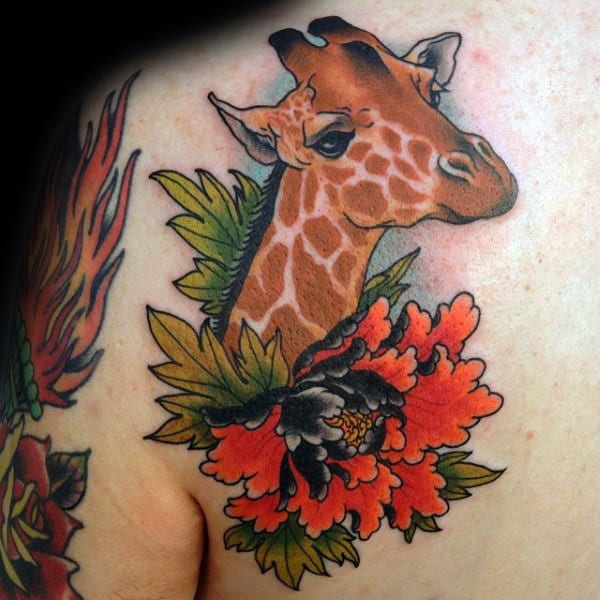 Mens Giraffe Flower Shoulder Tattoo Ideas
