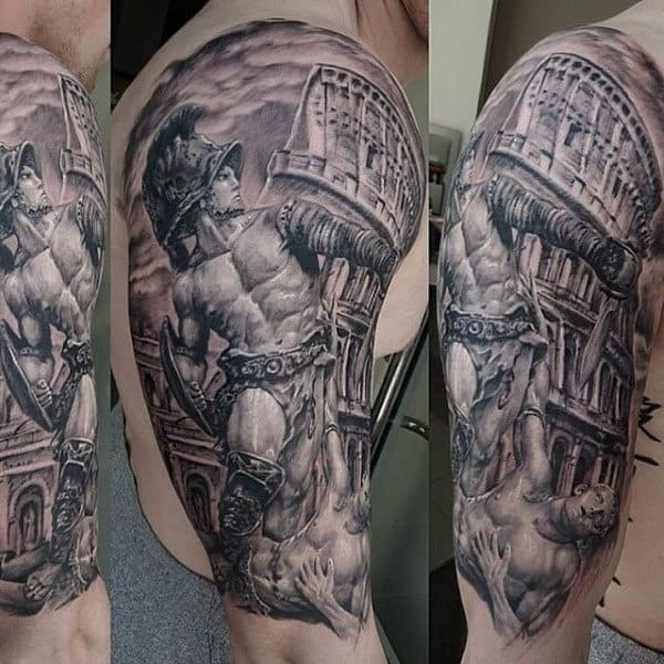 Tattoo of an intrepid Roman gladiator battling fiercely in front of the iconic Colosseum on a person's upper arm