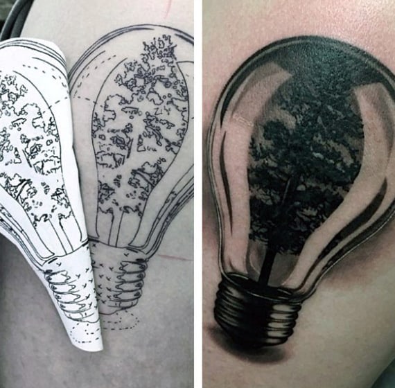 Mens Glass Tree Inside Light Bulb Tattoo