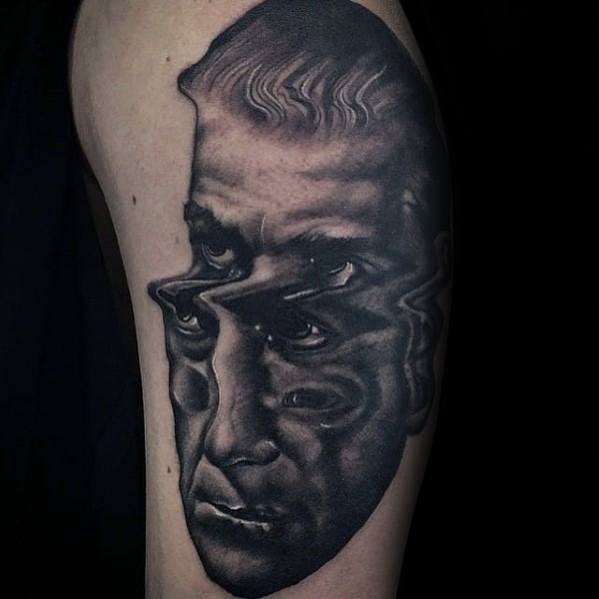Hyper-realistic glitch tattoo of a man's face with intense wave-like distortions, creating a layered, surreal, and dreamlike visual effect