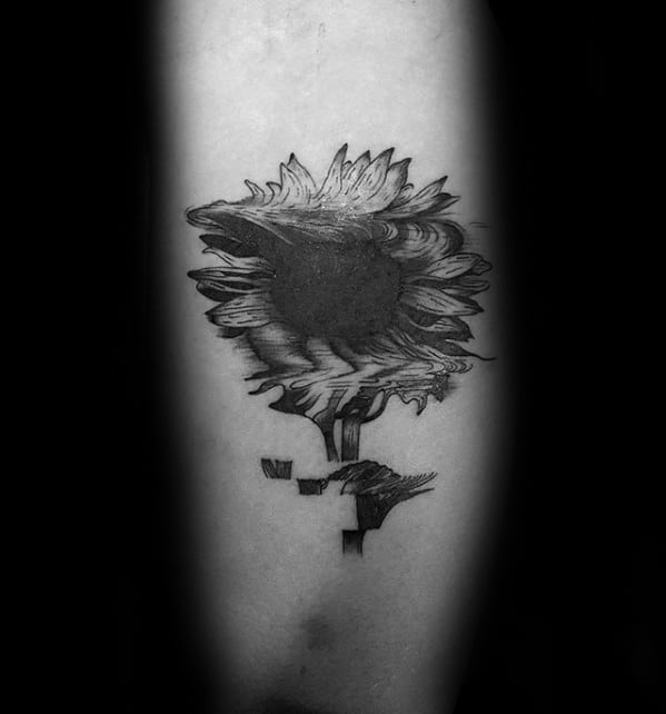 Glitch tattoo of a sunflower with pixelated petals and distorted lines, blending organic beauty with digital fragmentation