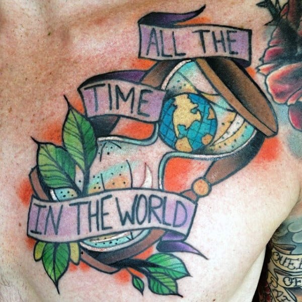 Mens Globe All The Time In The World Hourglass Chest Tattoo With Old School Design
