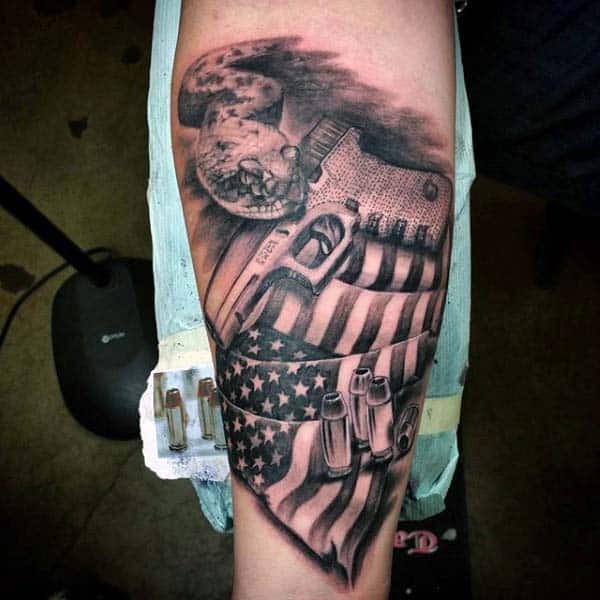 Mens Glock With American Flag And Hollow Point Bullet Tattoo On Forearm