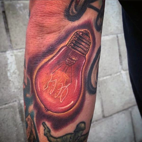 Mens Glowing Red Light Bulb Arm Tattoo