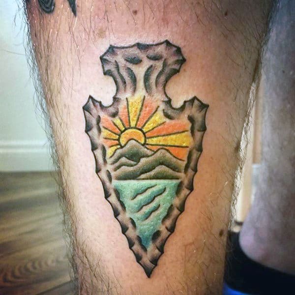 Mens Glowing Sunrise Arrowhead Tattoo On Forearms