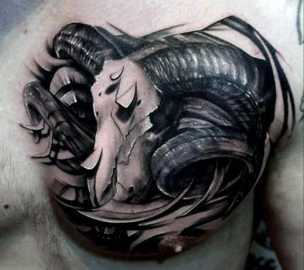 Mens Goat Skull Horns 3d Upper Chest Tattoo Design Inspiration