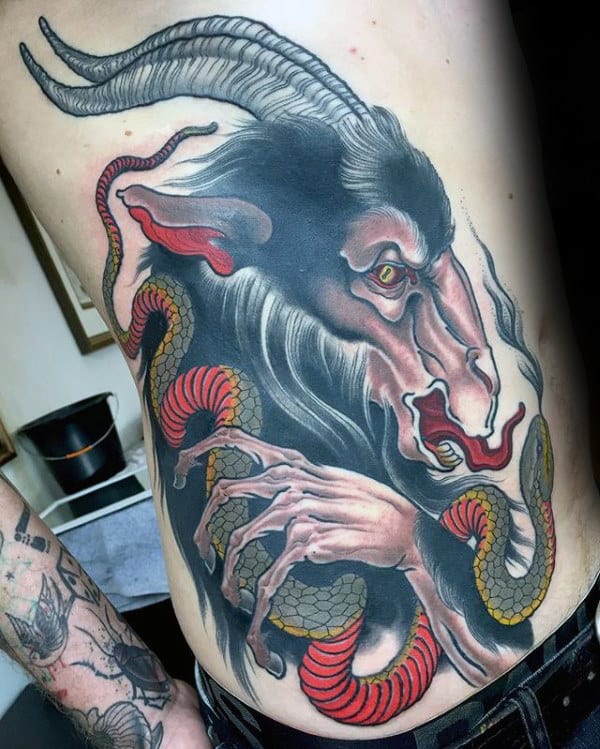Mens Goat Snake Rib Cage Side Tattoos