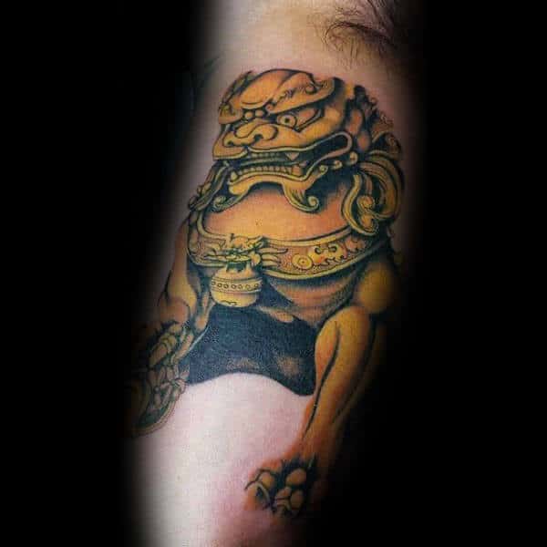 Mens Gold Bicep Foo Dog Tattoo