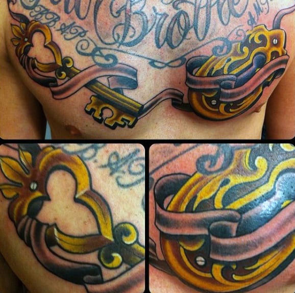 Mens Gold Key And Lock Upper Chest Tattoos