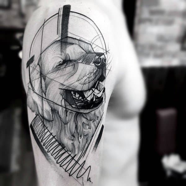 Abstract Golden Retriever tattoo on the upper arm, featuring sketch-style linework, geometric elements, and a joyful expression for a modern look.