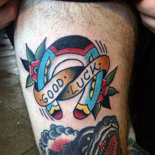 Mens Good Luck Horseshoe Thigh Tattoo