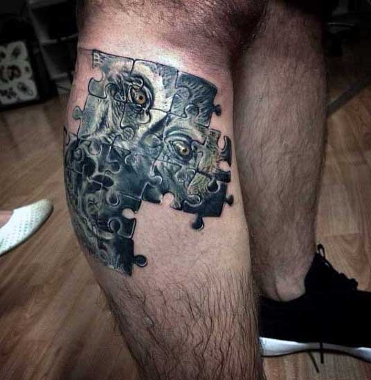 Mens Gorilla Puzzle Piece Tattoo On Leg Calf