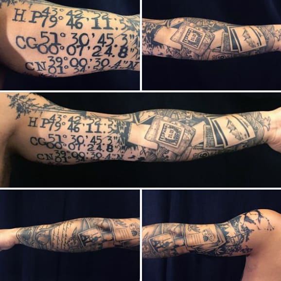 Mens Gps Geo Coordinates Travel Full Sleeve Tattoo With Black Ink