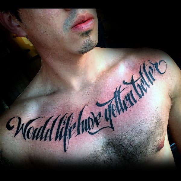 Mens Grandiose Script Upper Chest Tattoo With Black Ink Design