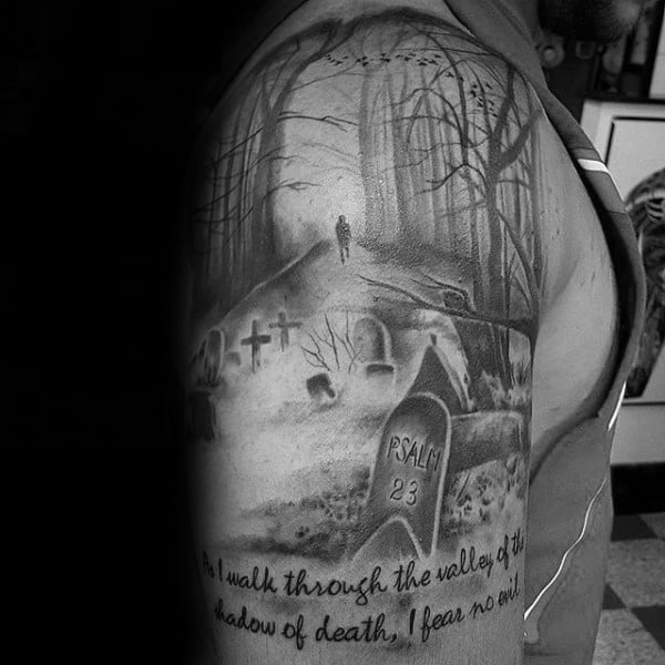 Mens Graveyard Psalm 23 Half Sleeve Tattoos