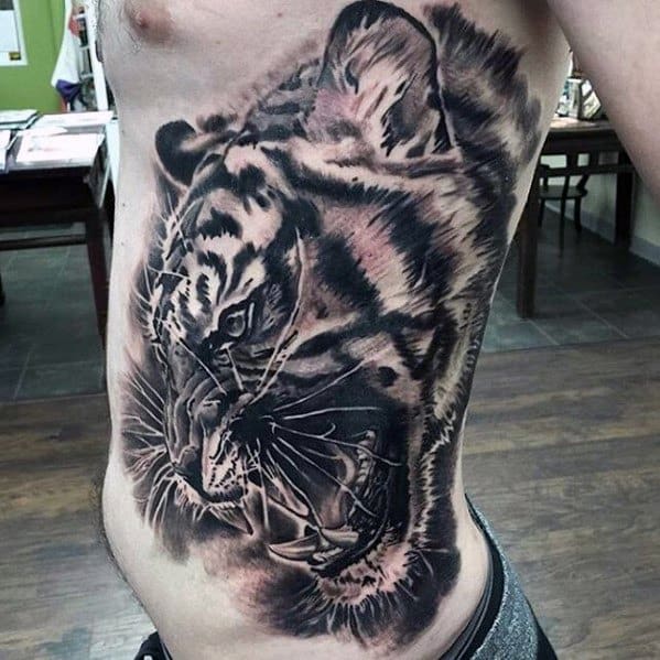 Mens Greatest Roaring Tiger Rib Cage Side Of Body Tattoos