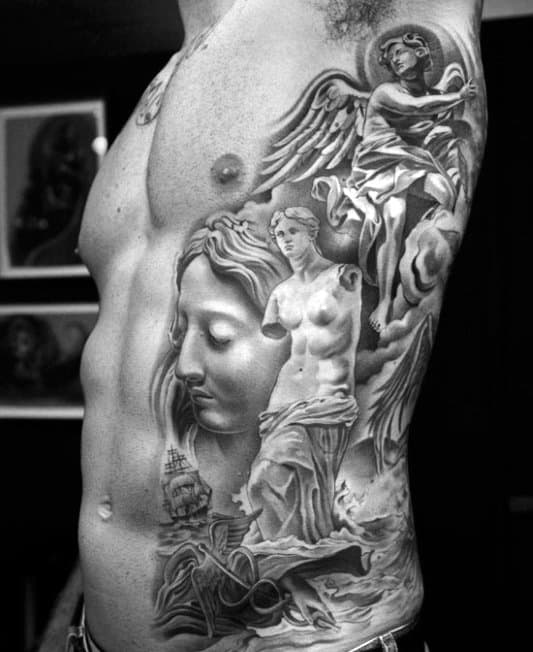 Men's Greek God Tattoos Designs On Side Of Ribs