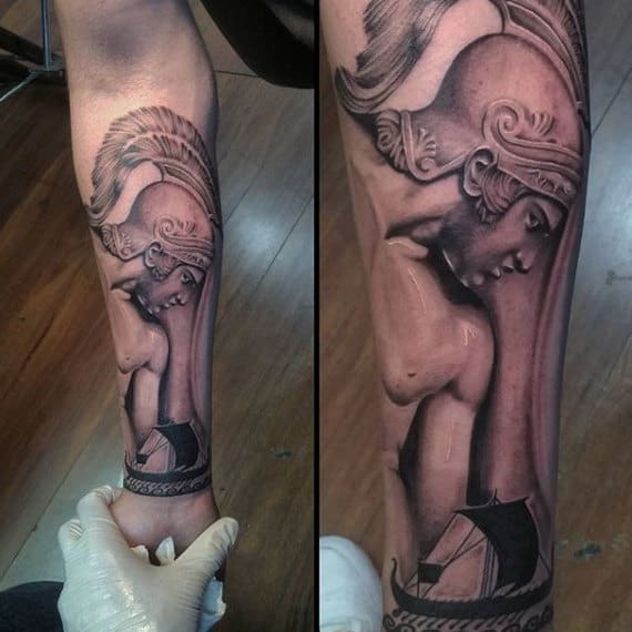 Mens Greek Warrior Stone Forearm Sleeve Tatoo