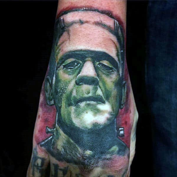 Mens Green And Red Ink Frankensteinhand Tattoo