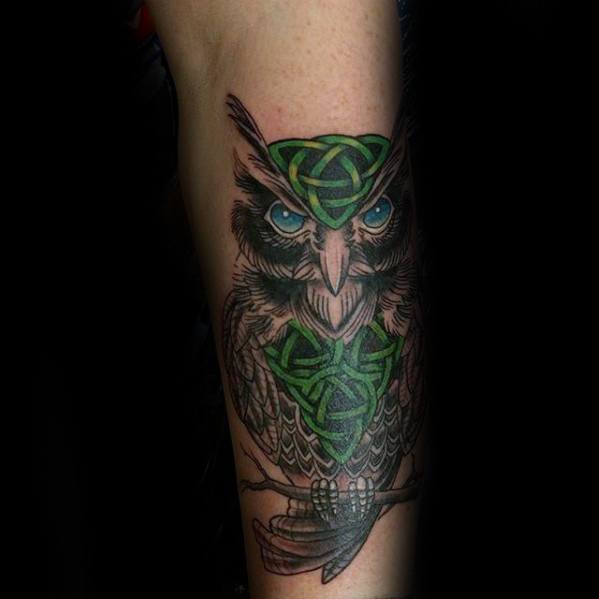 Mens Green Knot Celtic Owl Forearm Tattoo Design Ideas