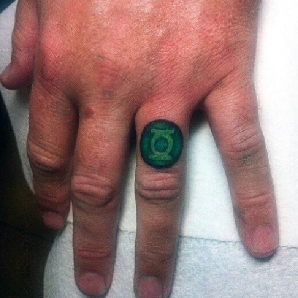 Mens Green Lantern Ring Tattoo On Finger