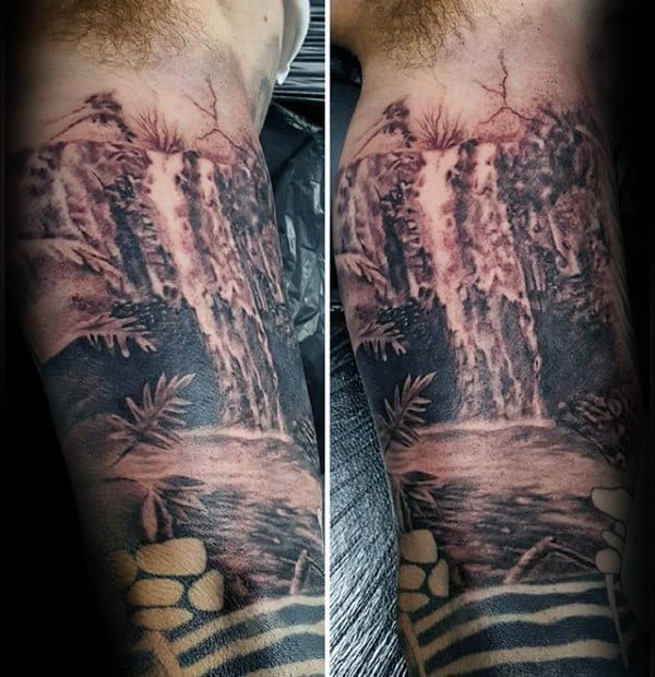 Mens Grey And Black Waterfall Inner Arm Tattoos